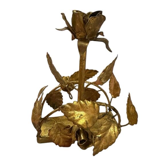 Vintage 1950s 1960s Hollywood Regency Gilded Gold Metal Rose Floral Candlestick - Picture 3 of 7